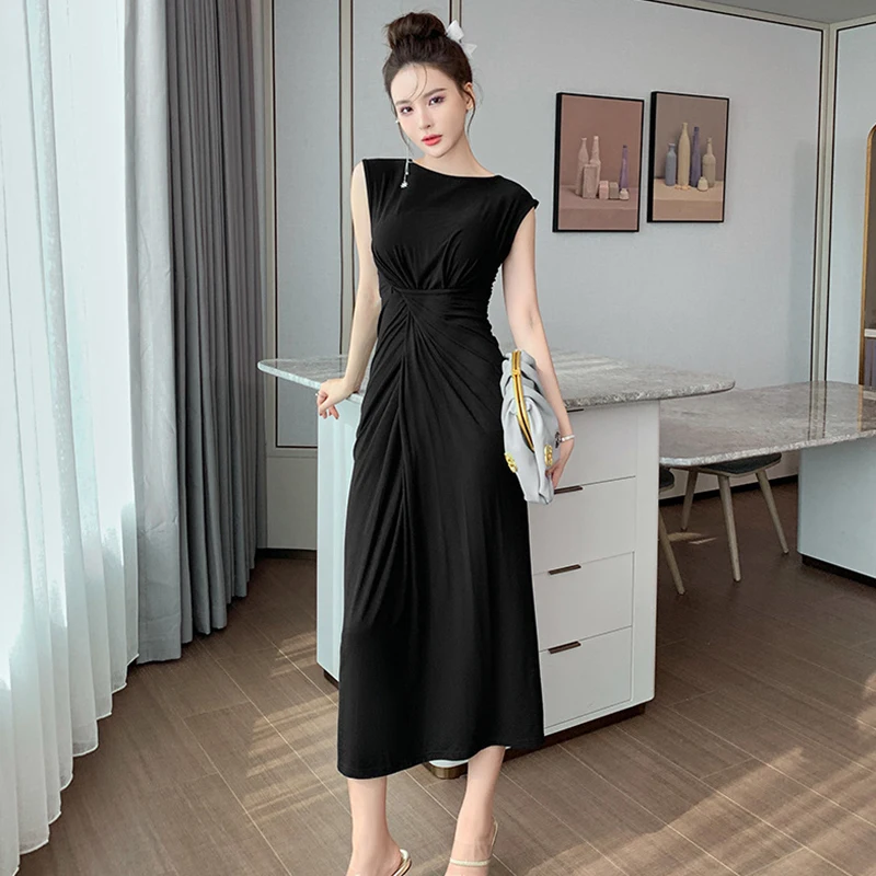 

Fashion Summer Casual O-Neck Maxi Party Dress Ladies Streetwear Elegant Robe Sleeveless Folds Patchwork Black Beach A-Line Dress