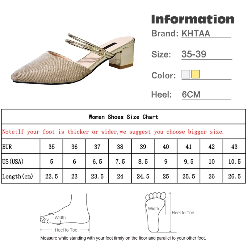 

KHTAA Women's High Heels Mules Slippers Bling Narrow Band Pointed Toe Square Casual Two Wear Sandals Slides Elegant Female Shoes