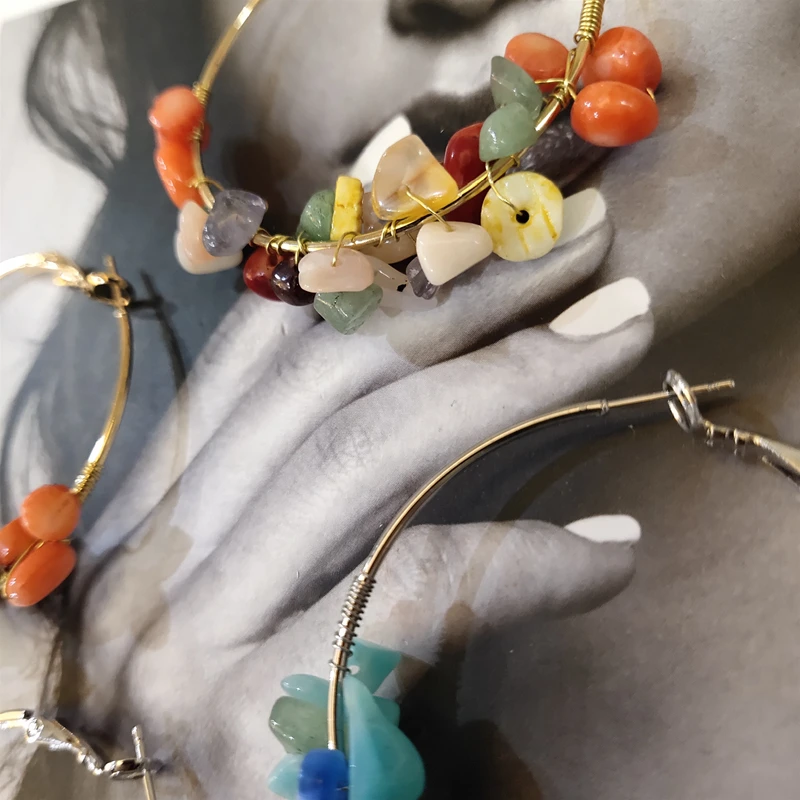 

2020 New Colorful Natural Stone Hoop Earrings for Women Holiday Bohemian Round Circle Handmade Statement Bijoux Jewelry Gift