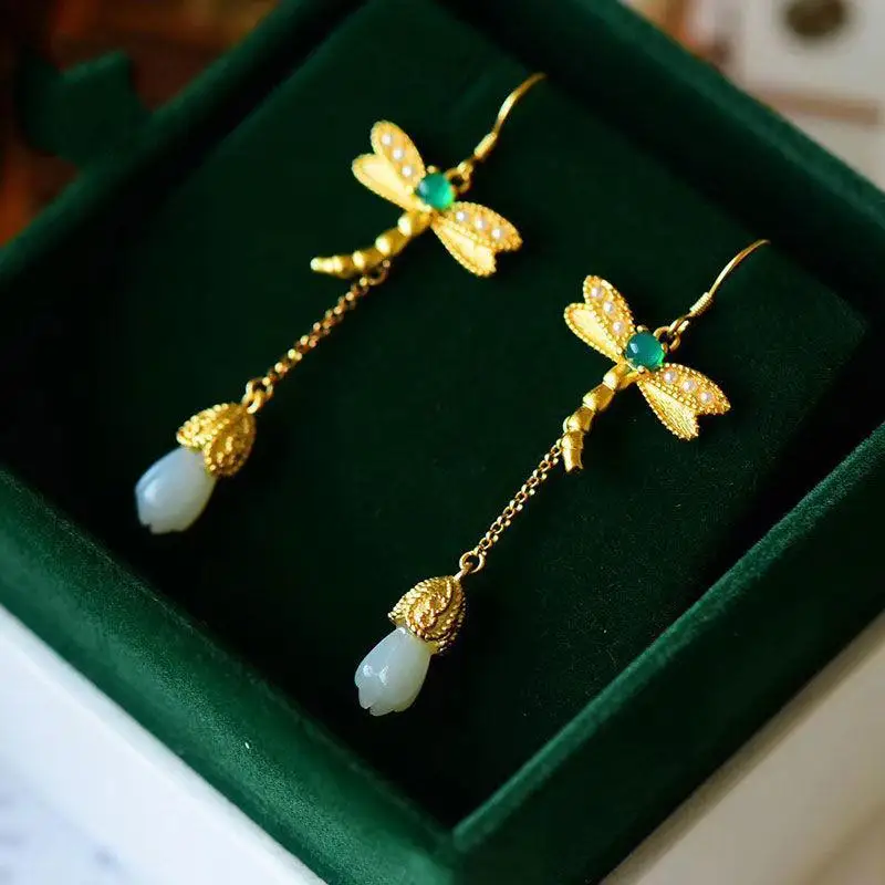 

Heritage Ancient Gold Craft Hetian Jade Earrings S925 Sterling Silver Inlaid Dragonfly Magnolia Earrings for Women Graceful Earr