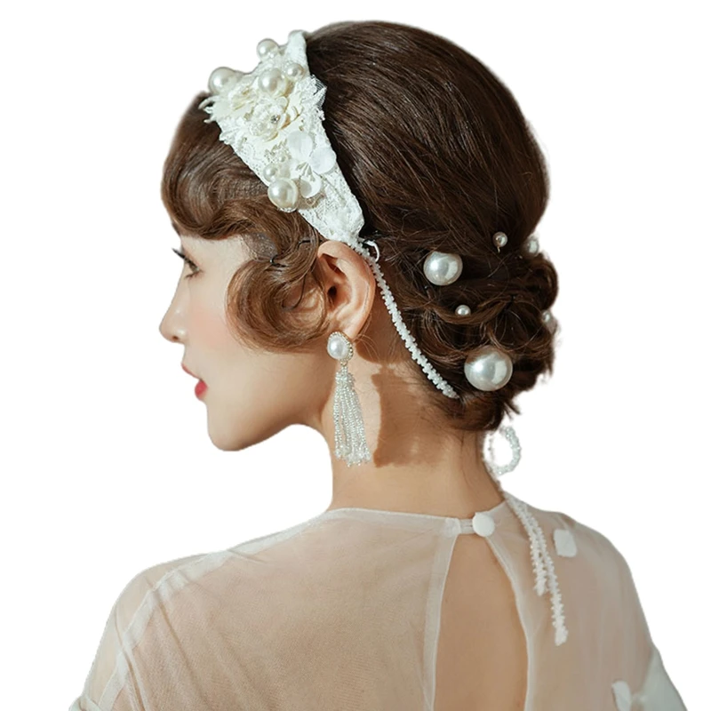 

Винтажная кружевная Свадебная широкая повязка на голову ручной работы с цветочной вышивкой, имитация жемчуга, бижутерия, обруч для волос с ...