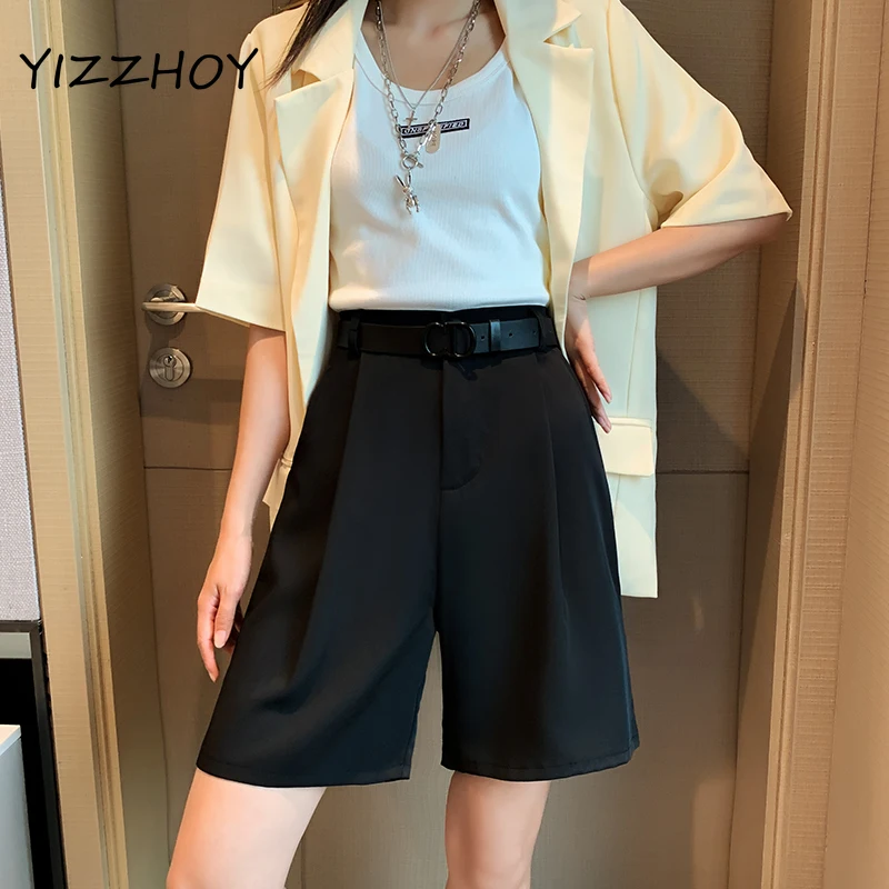 

YIZZHOY Summer Women High Waist Casual Loose Wide Leg Shorts Office Lady Straight Solid Army Green Suit Shorts with Belt