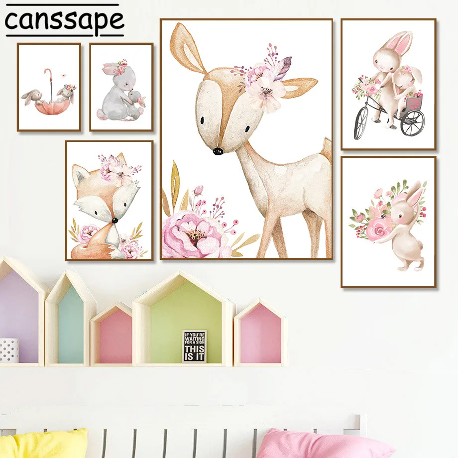 Лиса рисунок оленя на холсте кролик плакат для детской стены репродукции
