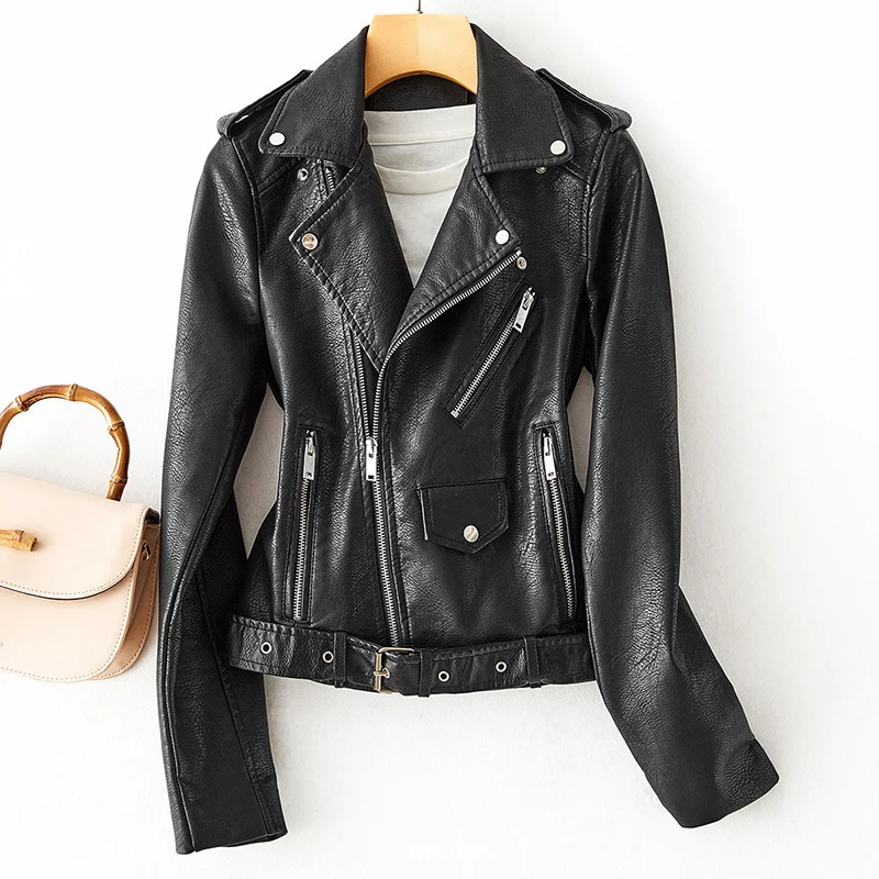 

2022new New Women Classic Pu Short Leather Jacket with Belt Moto Biker Turndown Collar Loose Faux Soft Leather Jackets Outwear