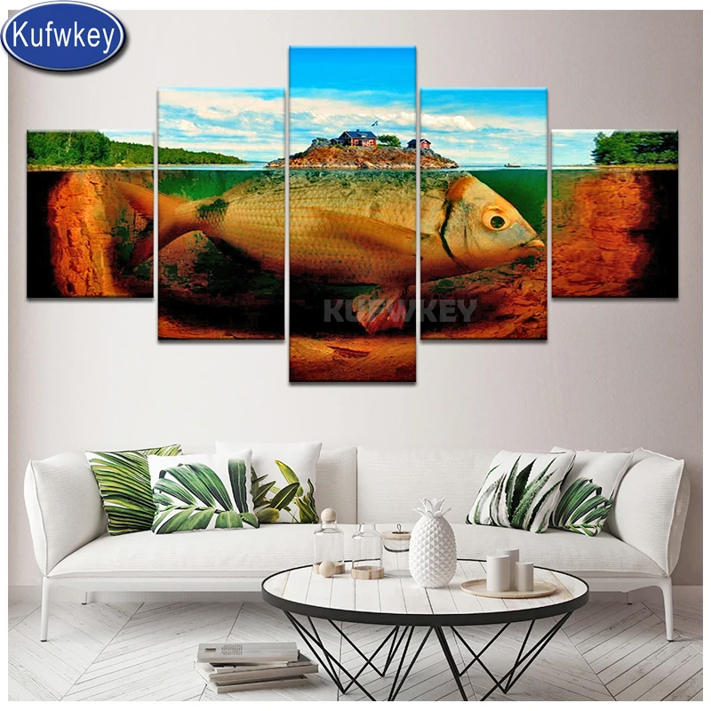 

Карпа морской алмазов картина 5 панель Алмазная вышивка мозаика Алмазный холст настенная живопись, гостиная, с изображением животных