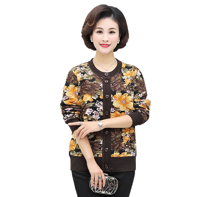 Кардиган для женщин среднего возраста однобортный вязаный свитер с круглым