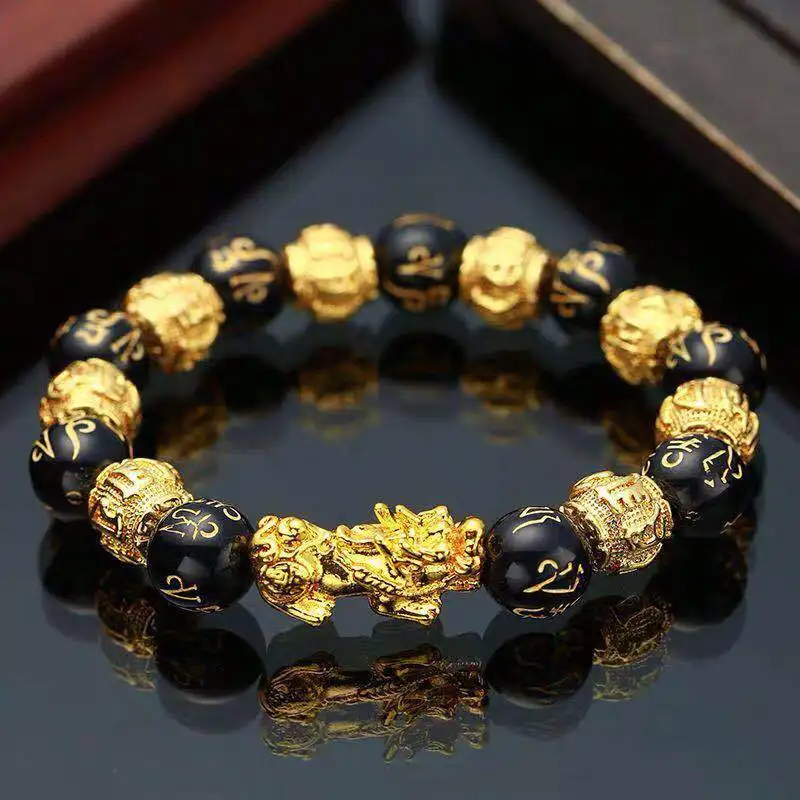 Feng Shui Obsidian Stone Beads Bracelet Wristband Gold Black Pixiu Wealth Good Luck Women Bracelet  Men Women Unisex images - 6