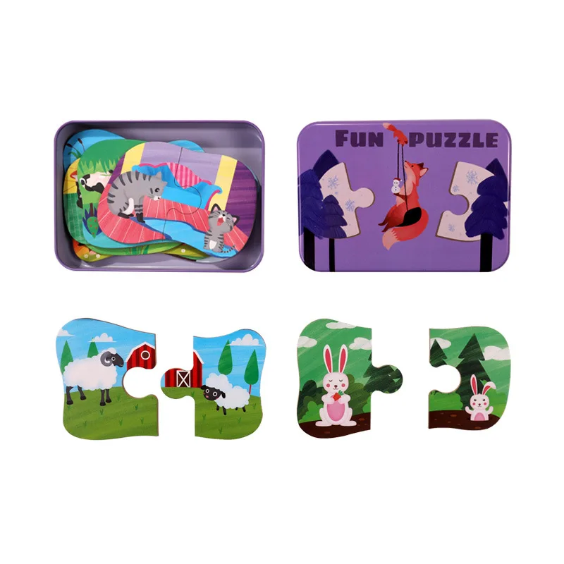 

10in1 Toddler Fun Cartoon Animals Parent-child Puzzle Jigsaw Early Educational Toy Wooden Puzzle Game Box for Kids Birthday Gift