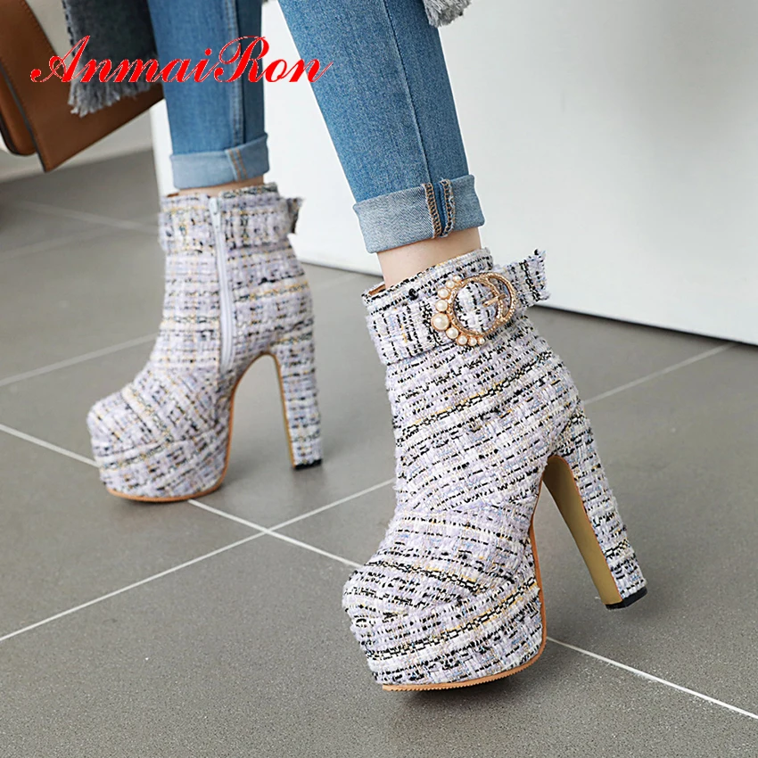 

ANMAIRON Gingham String Bead Winter Boots Women Round Toe Super High Zip Ankle Boots Square Heel Short Plush Purple PU Shoes