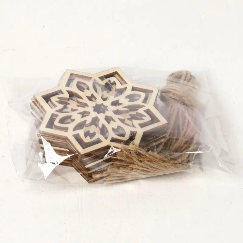 

1 Set Eid Wooden Pendant DIY Eid Mubarak Muslim Festival Natural Wood Snowflake Hanging With Ropes Hollow Ramadan Home
