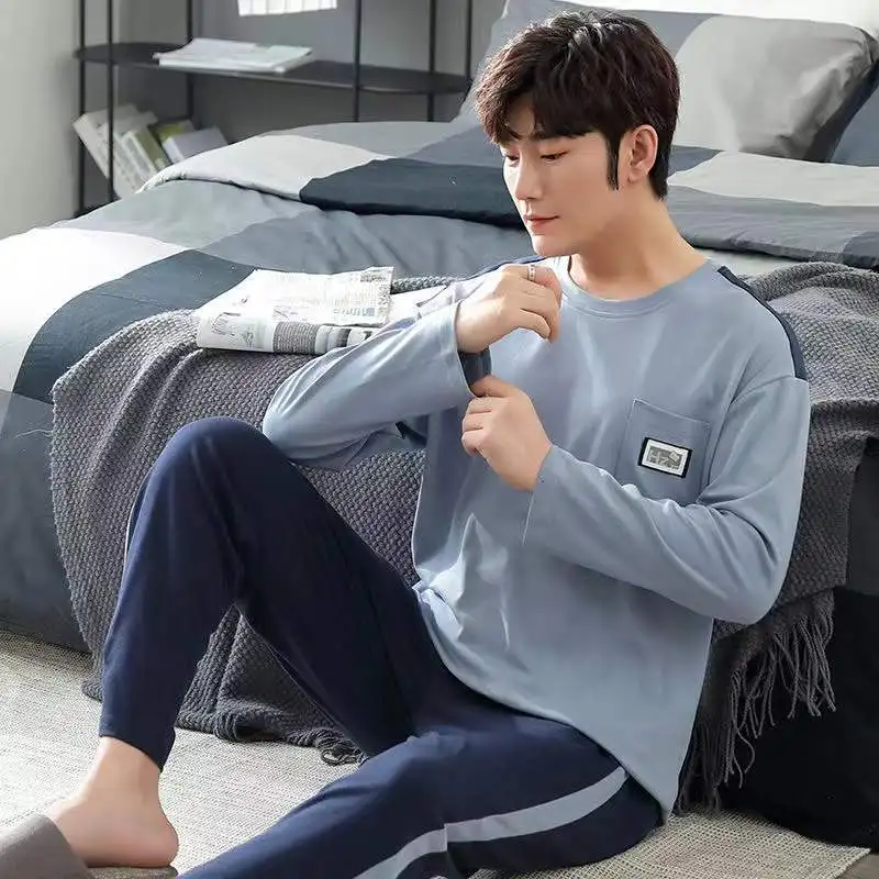 Spring Autumn Pajama Set For Men Round Neck  2-Piece Set Long-Sleeved Trousers Lounge Sleepwear Pyjamas Home Clothes Homewear