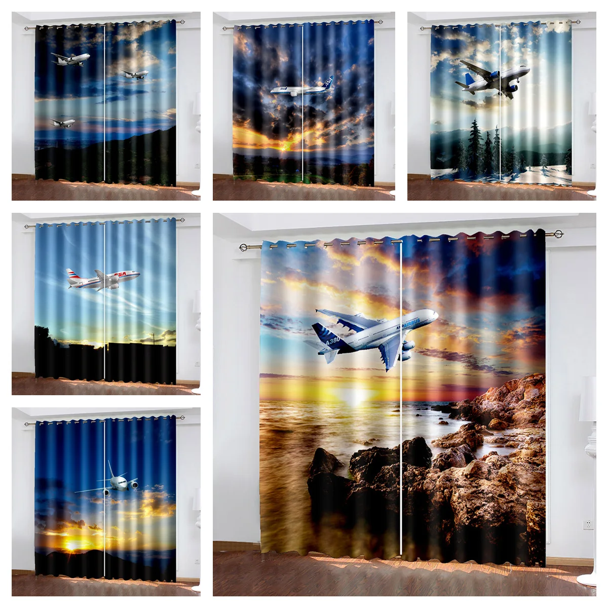 

Airplane Landscape Sky Sunset Pattern Blackout Curtain Kit, Suitable for Bedroom, Living Room Multi-scene Use, Family Essential
