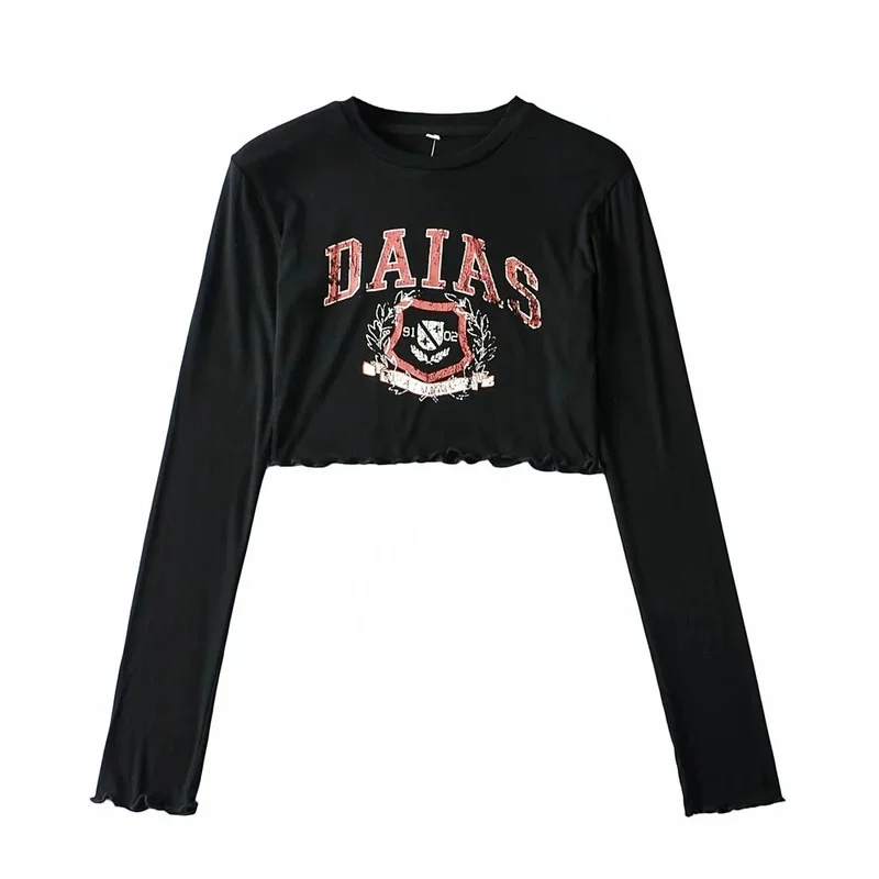

Chic Fashion Letter Print Long Sleeve T-shirts Simple O-neck Edible Tree Fungus Corp Topsfor 2021 Summer All Match Women Tees