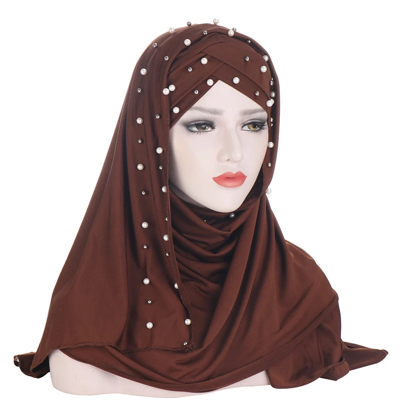 

Pearl Muslim Hijab Headscarf Wrap Head Scarves Hijab Scarf Women's Turban Caps Hat Crystal Hijabs Two-piece Suit Large Scarf Hat