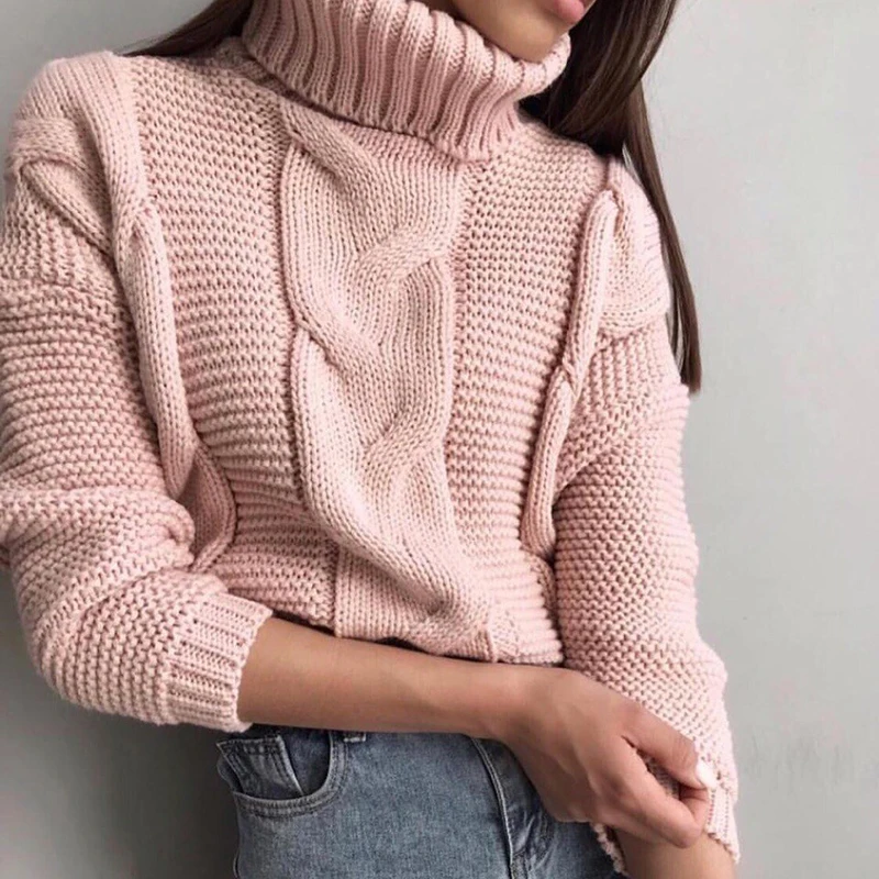 Вязаный свитер для женщин Осень-зима длинный рукав черная водолазка джемперы