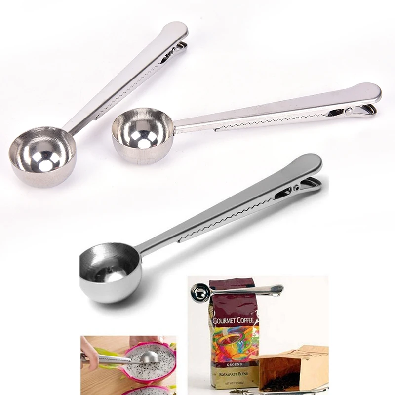 

1PC Durable Stainless Steel Spoon With Bag Clip Ground Tea Coffee Scoop With Portable Bag Seal Clip Powder Measuring Tools