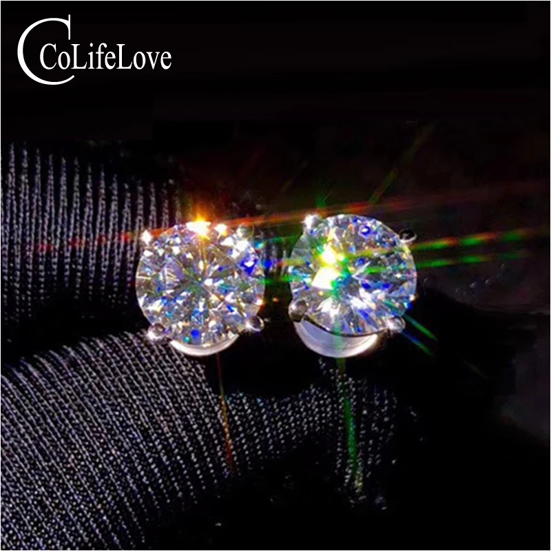 100% Настоящее золото 18 карат серьги гвоздики с муассанитом 2 шт. 1 муассанит