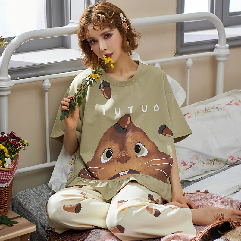 

Summer Pajamas Cute Women's Cartoon Loose Leisure Tops Short Sleeve Capri-Pants Set