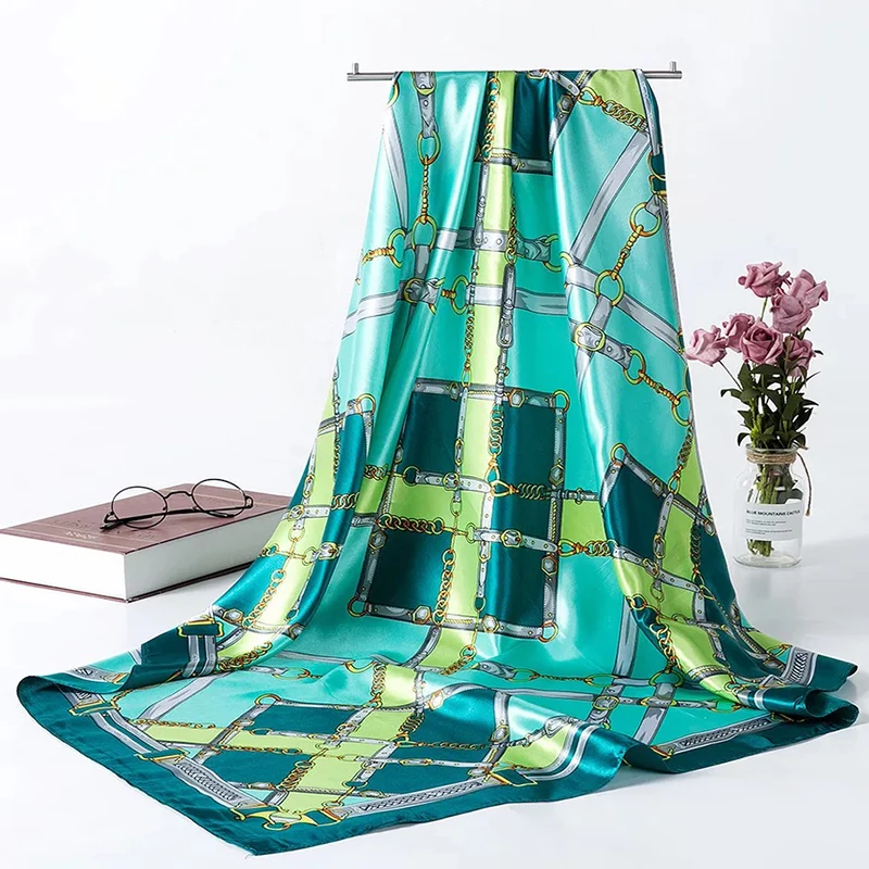 

Fashion Kerchief Neck Scarves For Women Print Silk Satin Hair Scarf Female 90cm*90cm Square Shawls Large Hijab Scarfs For Ladies