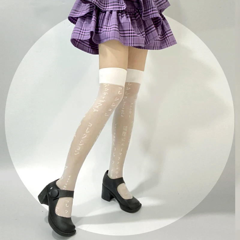 Harajuku Gothic Japanese Letter Print Sexy Lolita Lace High Stockings Women Girls Summer Thin Streetwear Knee Socks Anime Korean