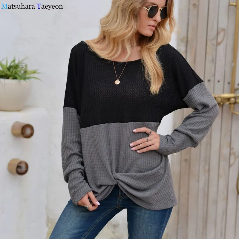 

Женский вязаный свитер с длинным рукавом и круглым вырезом, модный лоскутный джемпер, повседневный осенний пуловер размера плюс