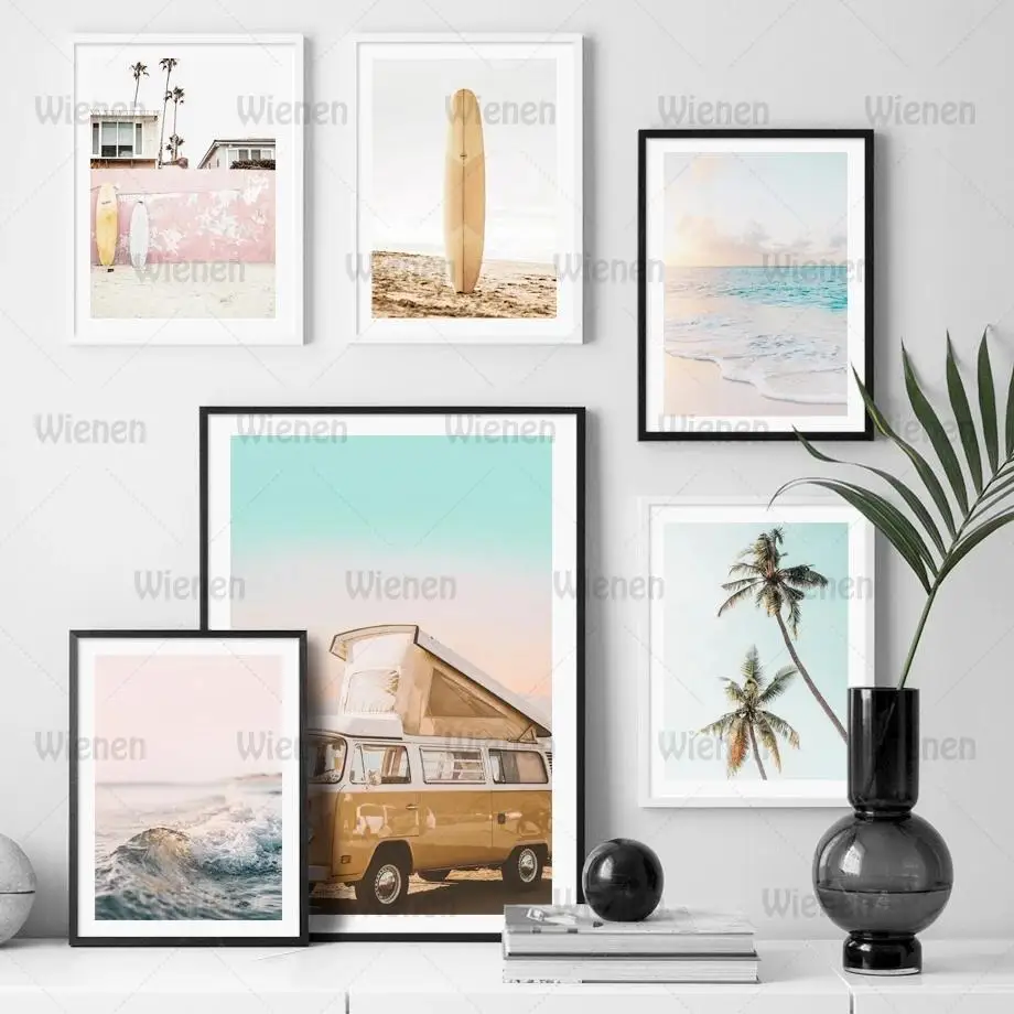 

Canvas Painting Sea Waves Beach Palm Tree Car Surfboard Wall Art Nordic Posters and Prints Wall Pictures for Living Room Decor