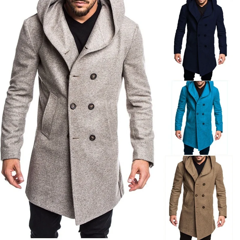 

ZOGAA Spring Autumn Men's Woolen Blends Warm Casual Hooded Coat Double-breasted Casual Slim Solid Overcoats Men Long Trench Coat