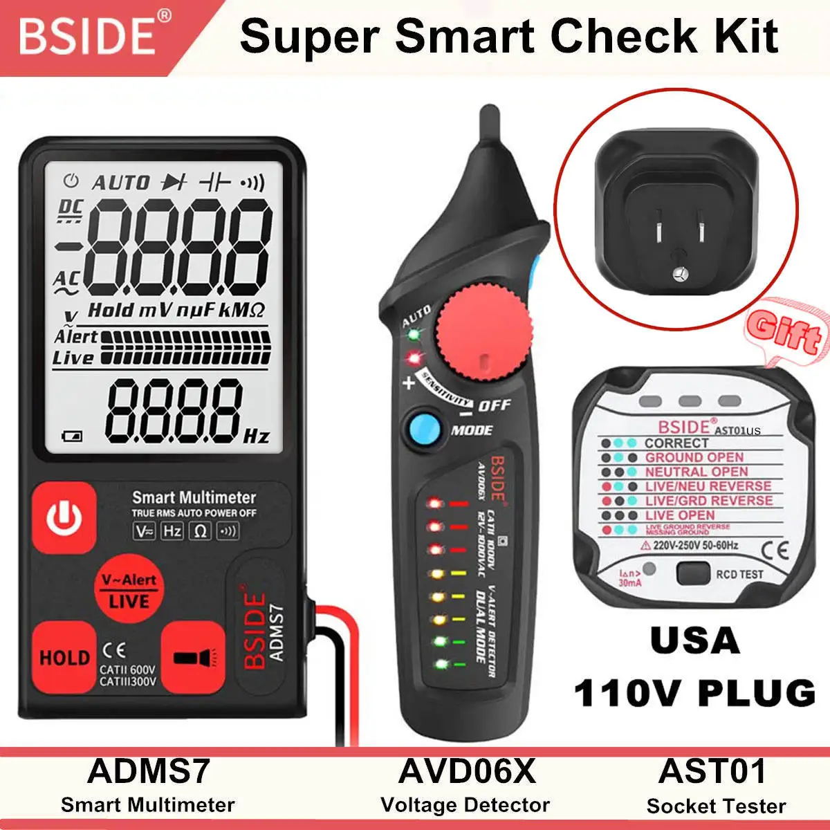 USA Kit BSIDE ADMS7 Напряжение тестер 3,5 ''большой ЖК-дисплей цифровой Смарт мультиметр 3 он-лайн Дисплей TRMS 6000 отсчетов DMM с Аналоговая гистограмма - Цвет: USA Kit