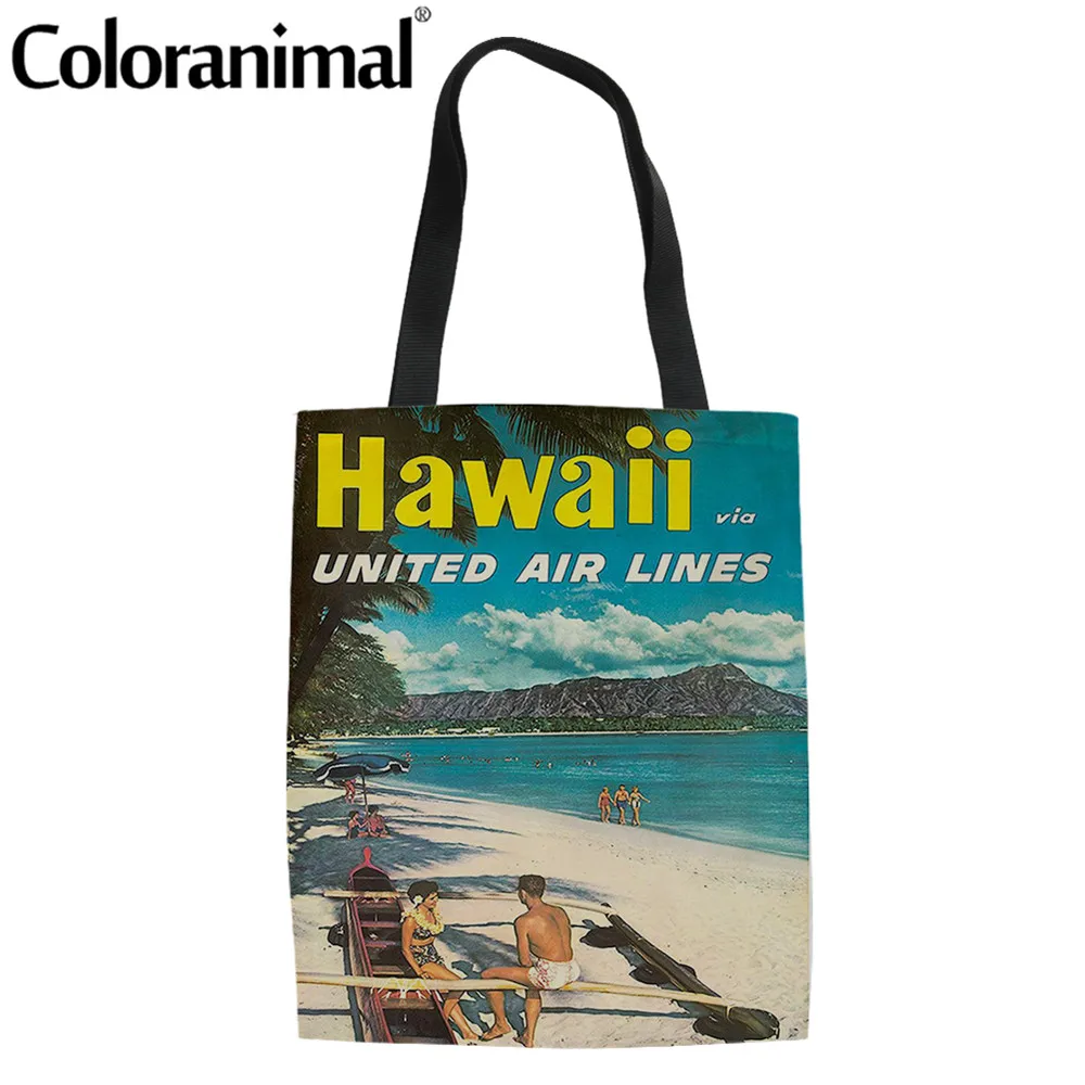 

Coloranimal Hawaii Travel Printed Women Tote Linen Bag Protable Canvas Shopper Bag for Lady Light Foldable Travel Eco Bolsa Hot