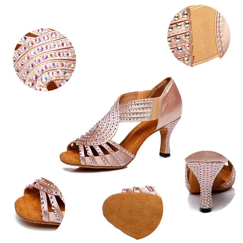 DKZSYIM Ballroom Latin Dance Shoes Satin Rhinestone Shiny Professional Dance Sandals High Heels Party Dance Shoes Soft Soles