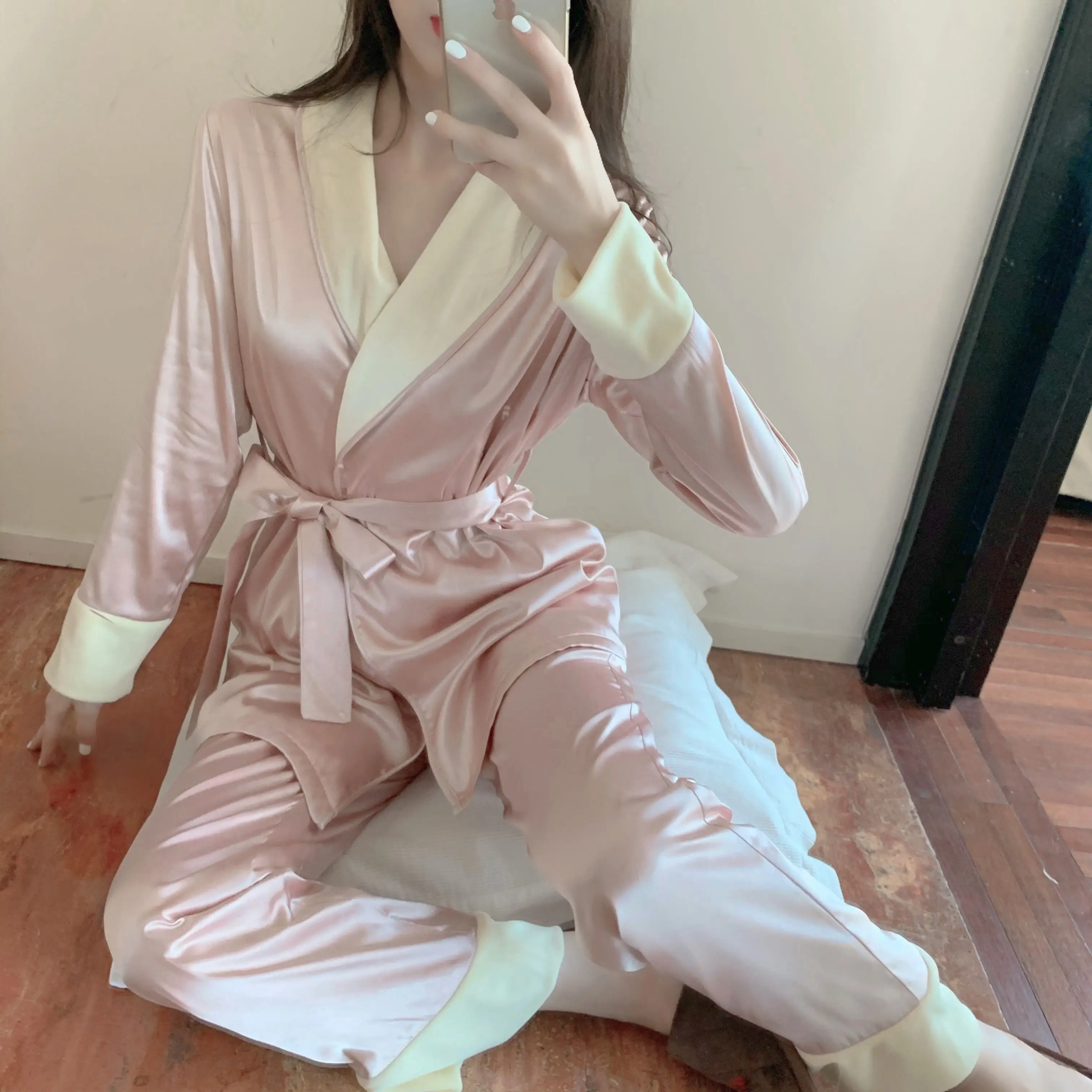 

Autumn Winter Long Sleeve Wrap Rope Top and High Waist Straight Pants Women Sleeing Pajama Sets TN352