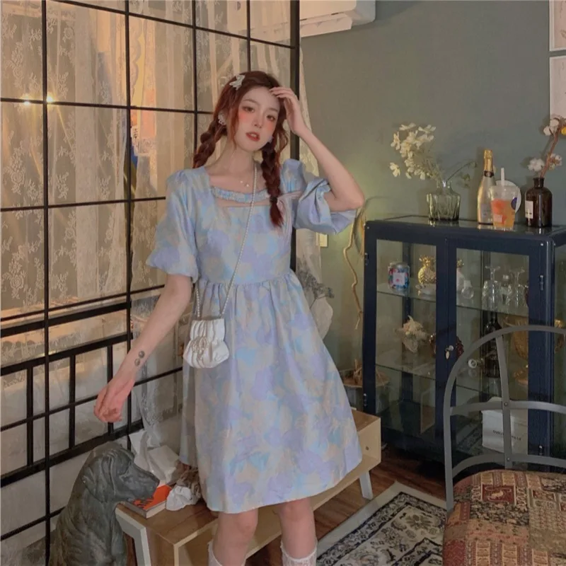 

Harajpoo Women Dress Summer 2021 New Korean Version INS Retro Flower Print Japanese Sweet Puff Sleeve A-line Student Vestido