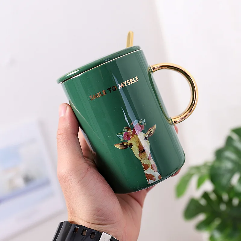 

Golden Animal Ceramic Cup Creative Mug Cup Student Office Coffee Tea Cup Cup With Lid And Spoon