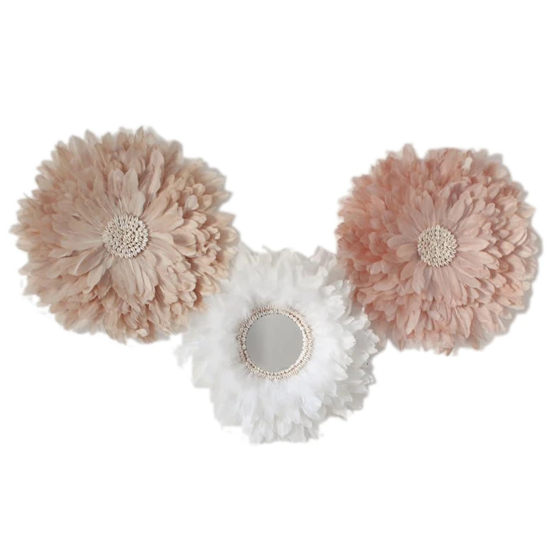 

Feather Ling Manual Weave Feather Wall Hanging Ins Wind Bedroom A Living Room Vestibule Feather Shell Mirror Decorative Painting