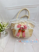 2021lolita strawberry bow rattan box woven basket wheat straw handbag soft girl kawaii cosplay picnic photo outdoor bag props