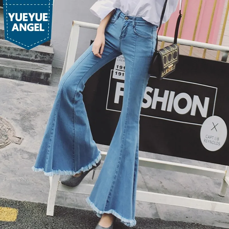 

Vintage Women Tassels Flare Pants Floor Length Long Skinny High Waist Ladies Jeans Trousers Denim Bell-bottomed Pants Plus Size