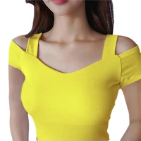 sexy slim middle sleeve t shirt womens v neck shoulder short sleeve summer solid color bare back bottom 2022