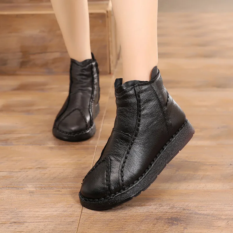 BLACK OUKAHUI/мягкие зимние теплые женские ботильоны из натуральной кожи с плюшевой подкладкой; нескользящие женские полусапожки без шнуровки; женская зимняя обувь - Цвет: BLACK