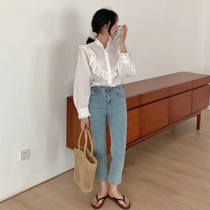 

GALCAUR Korean Patchwork Shirt For Women Stand Collar Puff Long Sleeve Ruched Perspective Designer Solid Shirts Female New 2021