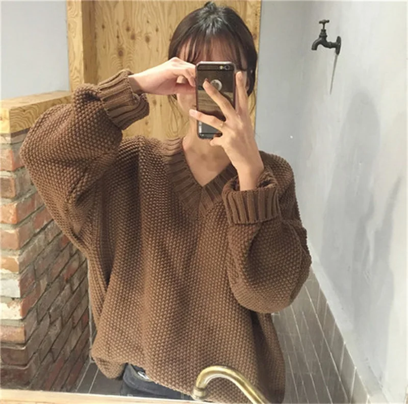 

Winter Retro Pullover Loose Leisure Knitting Women's Tops Korean Version Long Sleeve Warm Lovely Sweater