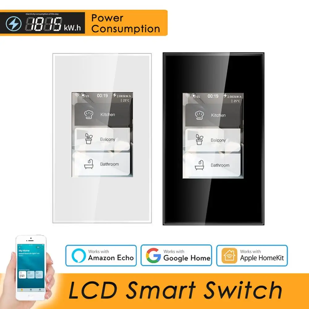 

LCD Wifi Smart Wall Light Switch US Standard 5 in 1, Mesh Wifi Power Consumption, Work with Alexa Google Home Apple Homekit Siri