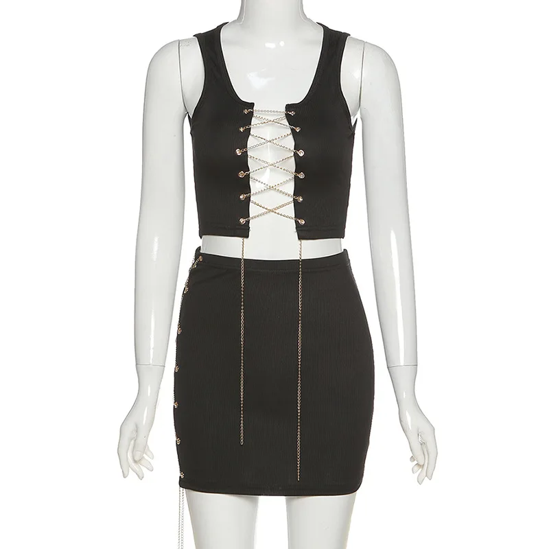 

ANJAMANOR Sexy Two Piece Set Chain Lace Up Hollow Out Mini Skirt and Crop Top Club Birthday Outfits for Women Dress D96-CZ19