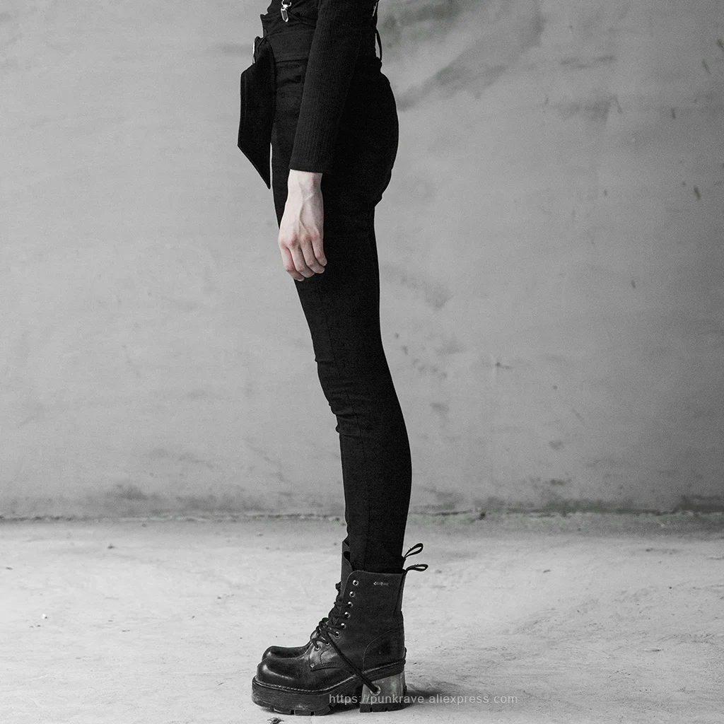 PUNK RAVE Women's Punk Contrast Color High Waist Strap Jeans Removable Shoulder Sling Casual Fashion Women Trousers