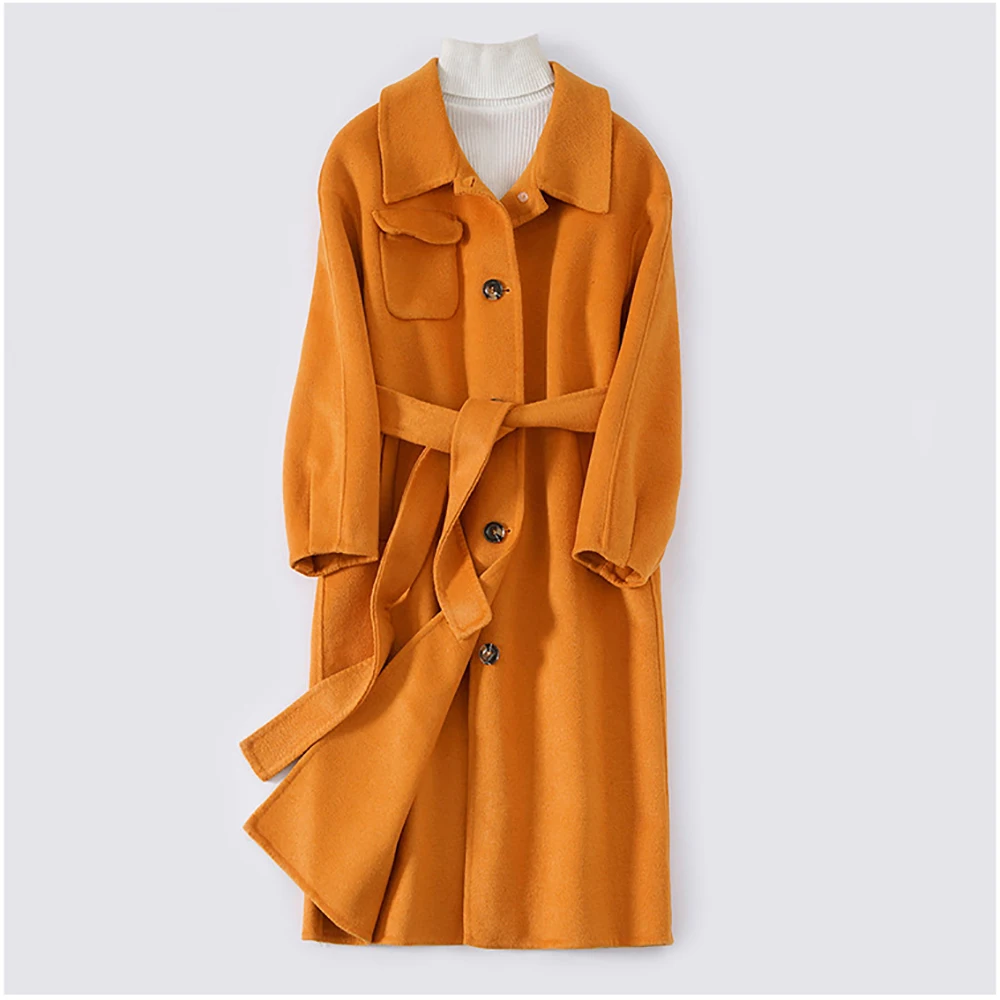 

YUANYUANJYCO Winter Women Long Office Lady Wool Coat LNZDY34 Fashion Turn-Down Collar Belt Long Sleeve Black Red Orange Clothes