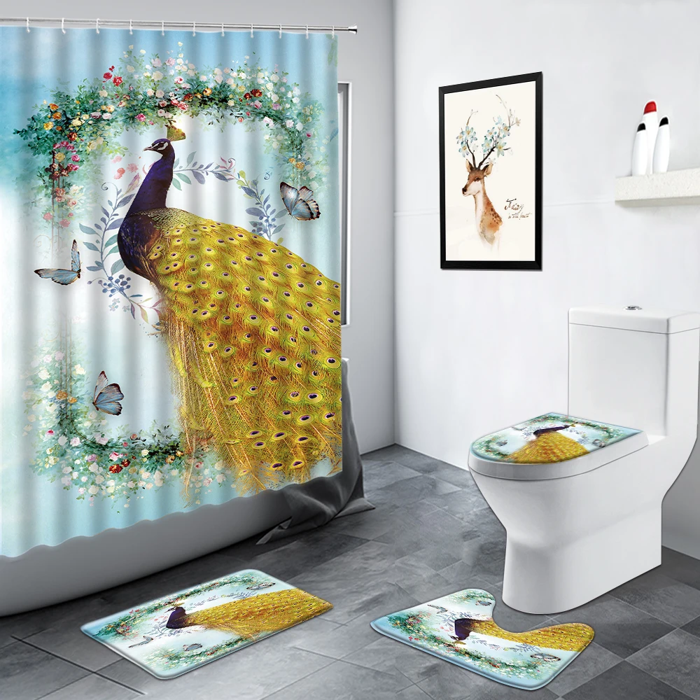 chinese style flowers peacocks shower curtain birds green bamboo plant scenery bathroom non slip rug bath toilet mats decor sets free global shipping