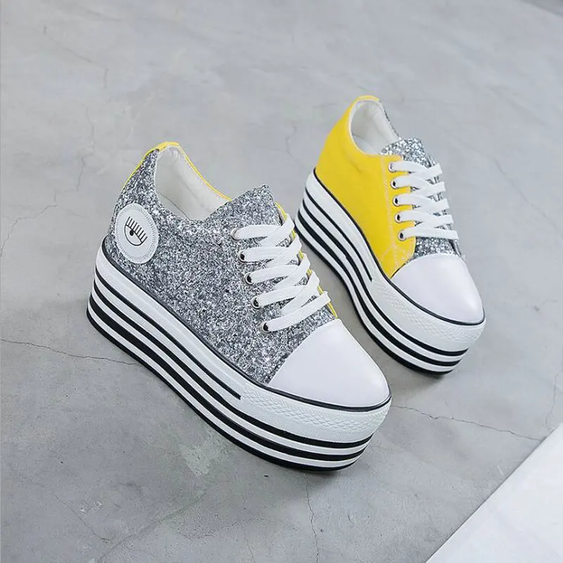 

Fashion Women Casual canvas Shoes Height Increasing 9CM Breathable Wedges Sneakers Flat Platform Sequin Bling shoes 2019