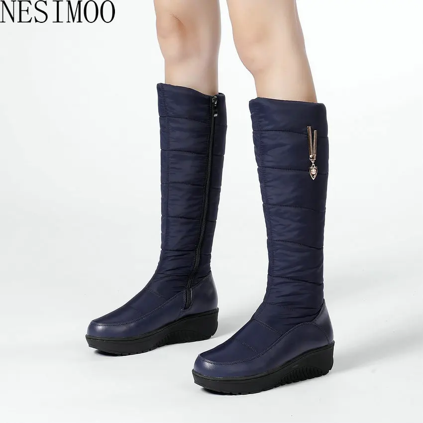 

NESIMOO 2021 Snow Boots Down PU Leather Wedge Heel Women Shoes Round Toe Winter Keep Warm Zipper Mid Calf Boots Big Size 35-43