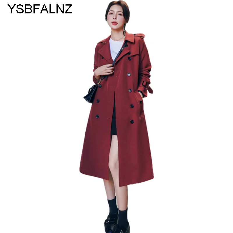 

2021 England Style Elegant Double-Breasted Slim Women Trench Coat Red Long Belt Windbreaker Female Epaulettes Lapel Clothes Tops