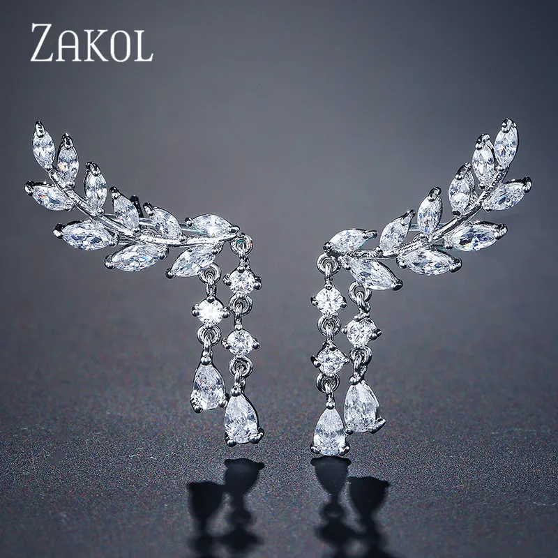 Rhodium plated ZAKOL Лидер продаж Модные CZ Кристалл циркония лист длинные висячие серьги для женщин Девушка крыло Свадебная вечеринка ювелирные изделия подарок FSEP520 - Окраска металла: Rhodium plated