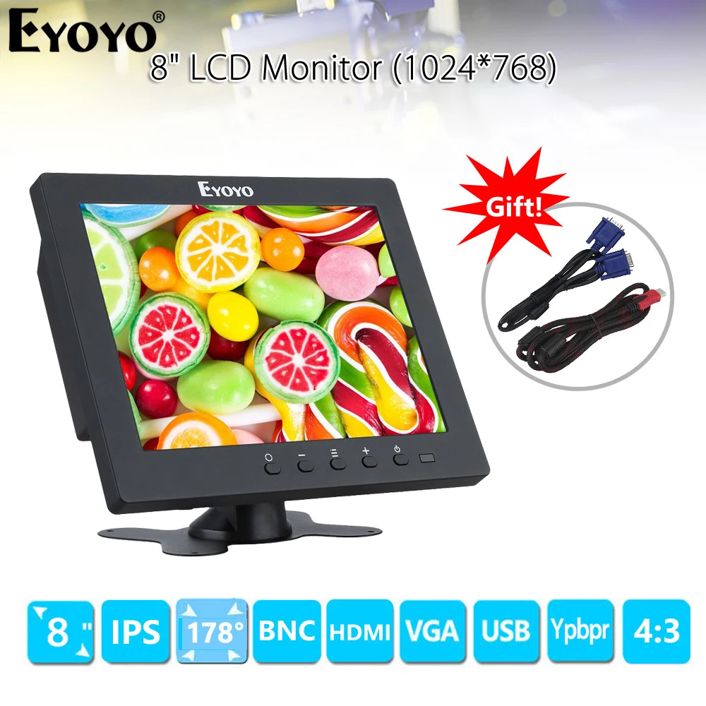 

EYOYO EM08C 8 inch IPS LCD Monitor 1024X768 VGA BNC HDMI Screen with Built-in speakers for PC DVR CCTV Security Survillance